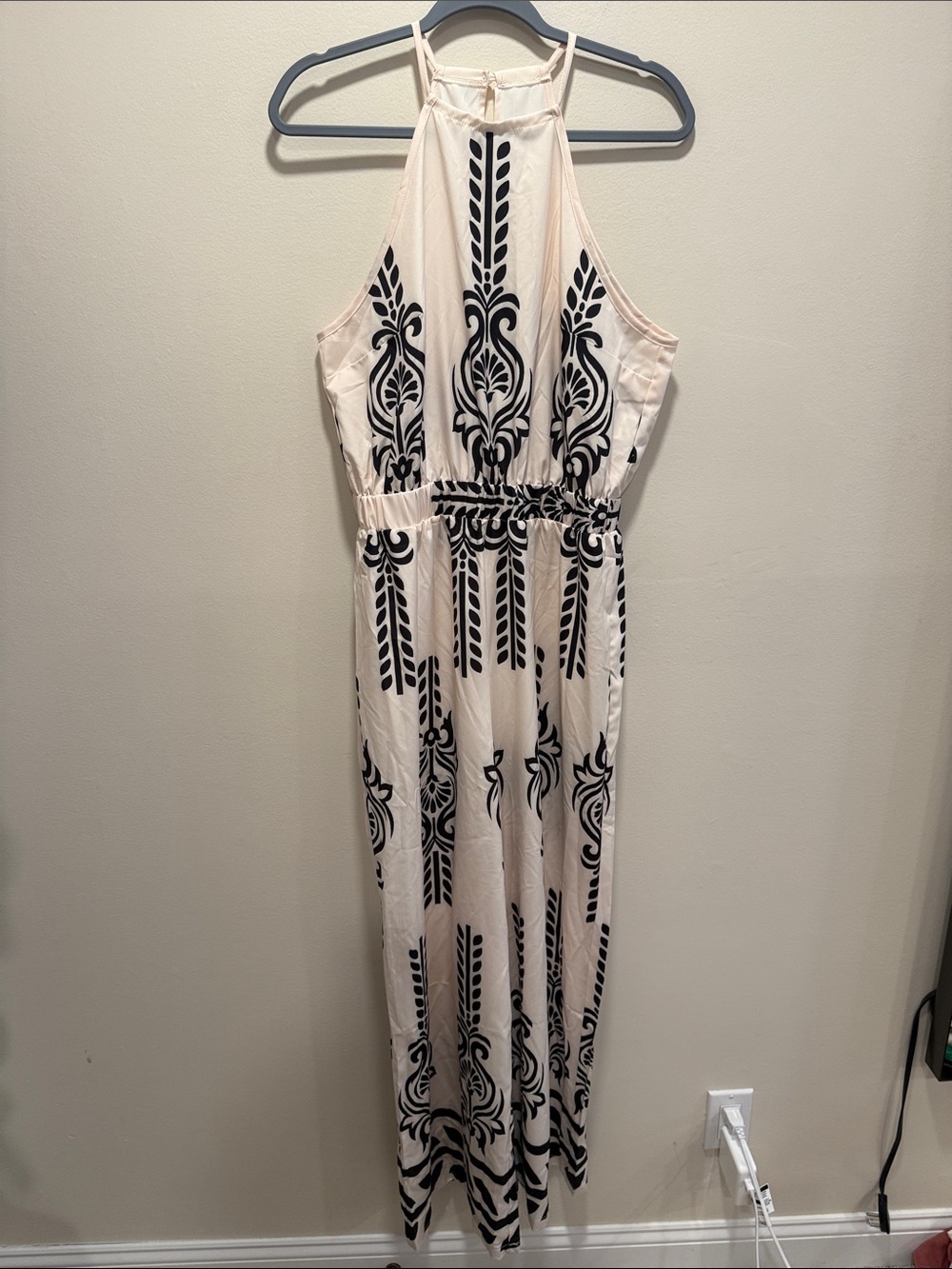Sleeveless Cream Halter Jumpsuit with Black Ornate Print